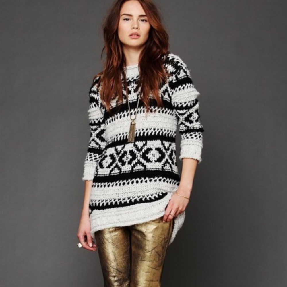 Free People Black and White Patterned Knit Sweater